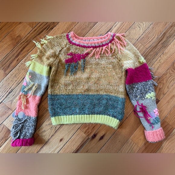 Anthropologie Fringed Colorblock Sweater Women’s Size Small Crew Neck Pullover - Picture 1 of 13